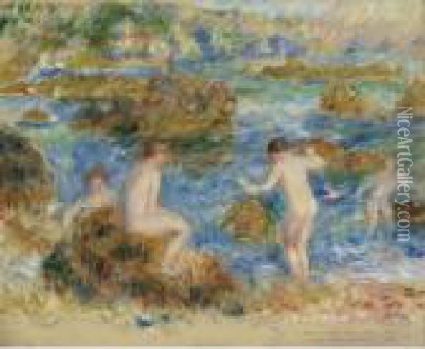 Garcons Nus Dans Les Rochers A Guernsey Oil Painting - Pierre Auguste Renoir