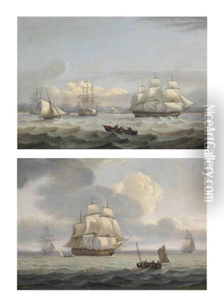 A Squadron Of The Blue Lying Off Portsmouth With A Flagship Signalling... (+ A Royal Navy Two-decker Underway In The Channel Off The Downs...; Pair) Oil Painting - Thomas Luny
