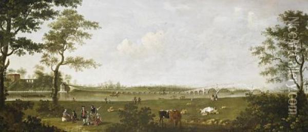 A View Of Old Walton Bridge From The Northlooking Upstream With Elegant Figures Conversing In The Foregroundmeadow Oil Painting - Joseph Nicholls