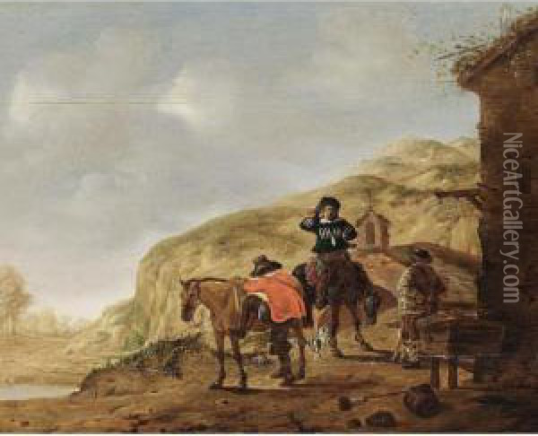 Two Horsemen Resting Near A Tavern In A Hilly Landscape Oil Painting - Pieter Cornelisz. Verbeeck