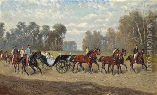 The Imperial Entourage With Emperor Franz Josef I (1848-1916) On His Horse, Empress Elisabeth (1854-1898) (known As Sisi) And Their Youngest Daughter Archduchess Marie Valerie (1868-1924) In The Carriage Oil Painting - Alexander Ritter Von Bensa