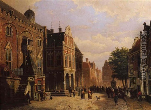 A Capriccio View Of Haarlem With Numerous Townsfolk By A Fountain, The Old Town Hall On The Toernooiveld Beyond Oil Painting - Willem Koekkoek