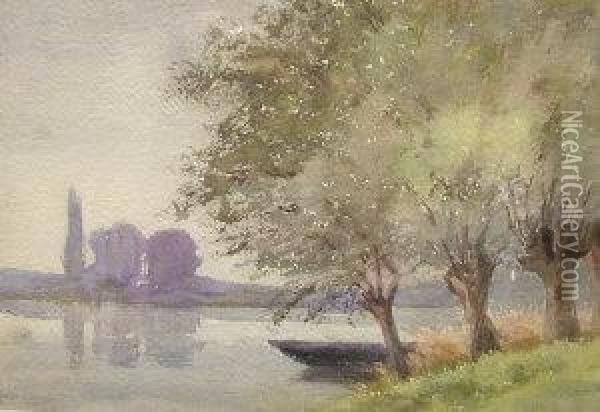 Theresedethan-roullet, 
French -- Tranquil River Scene Oil Painting - Marie Therese Dethan Roullet