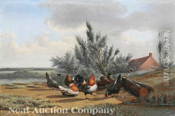 Rooster And Chickens Oil Painting - Cornelis van Leemputten