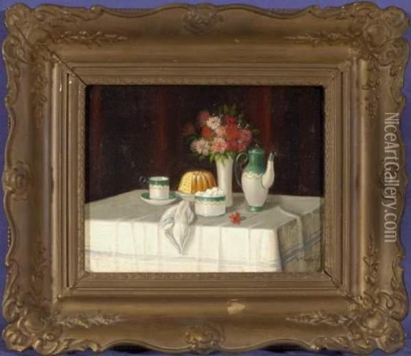 Kaffee Und Kuchen Auf Einem Weis Gedeckten Tisch Vor Dunkelrotem Hintergrund Oil Painting - Hermann Klingsbogel