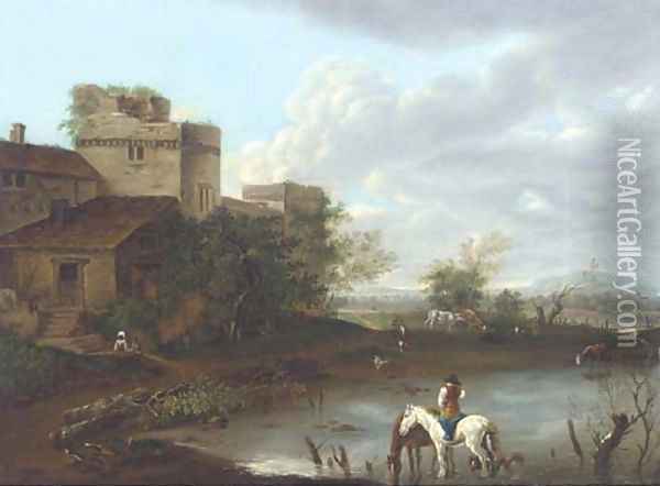Figures, horses and cattle in an extensive landscape below a ruined fortress Oil Painting - Flemish School