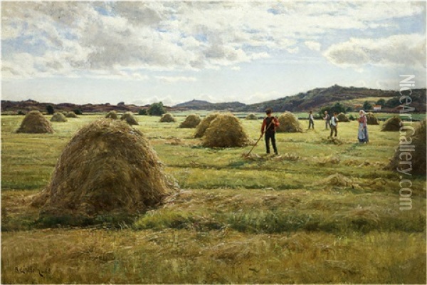 Harvesters Under The Silver Clouds Oil Painting - Berndt Adolf Lindholm