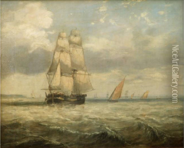 Amerchant Brig And Other Shipping In A Fresh Breeze Oil Painting - Henry Redmore
