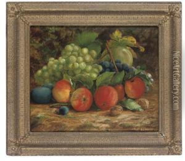 Apples, Grapes, Plums And Walnuts On A Bank Oil Painting - Thomas Waller
