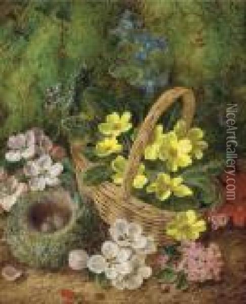 Primroses, Primulas, Apple 
Blossom With A Bird's Nest And Eggs And A Wicker Basket, On A Mossy Bank Oil Painting - George Clare