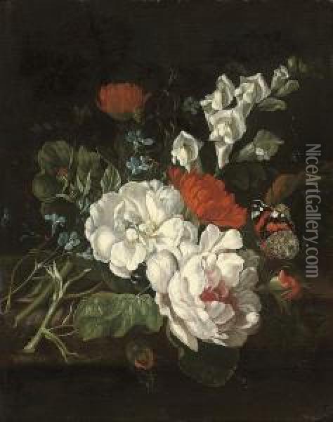 Roses, Marigolds And Snap Dragons On A Ledge With A Red Admiralbutterfly Oil Painting - Rachel Ruysch