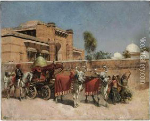 A Wedding Procession Before A Palace In Rajasthan Oil Painting - Edwin Lord Weeks