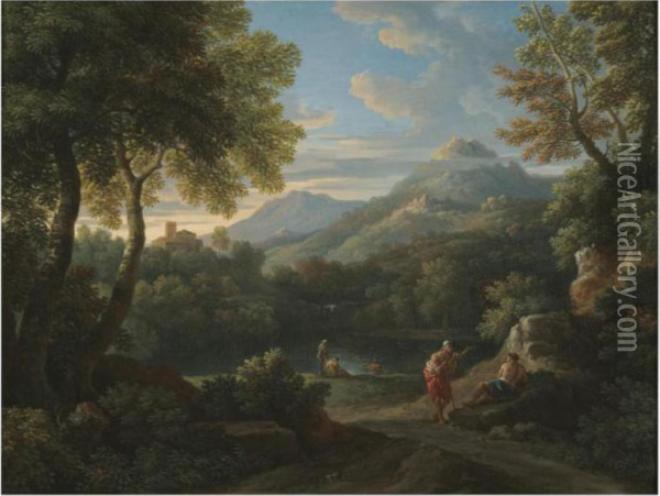 An Italianate Landscape With Figures Conversing Before A Lake,mountains Beyond Oil Painting - Jan Frans Van Bloemen (Orizzonte)