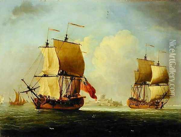 An English Sloop and a Frigate in a Light Breeze Oil Painting - Francis Swaine