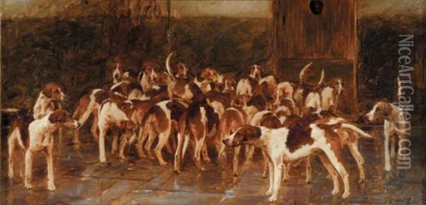 Anticipation - A Pack Of Hounds In A Loose Box Awaiting Thehunt Oil Painting - George Wright