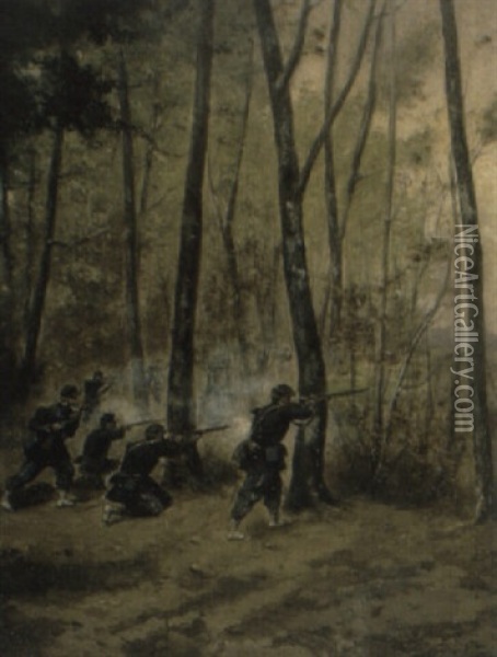 French Infantrymen Shooting In A Wood Oil Painting - Paul Emile Leon Perboyre