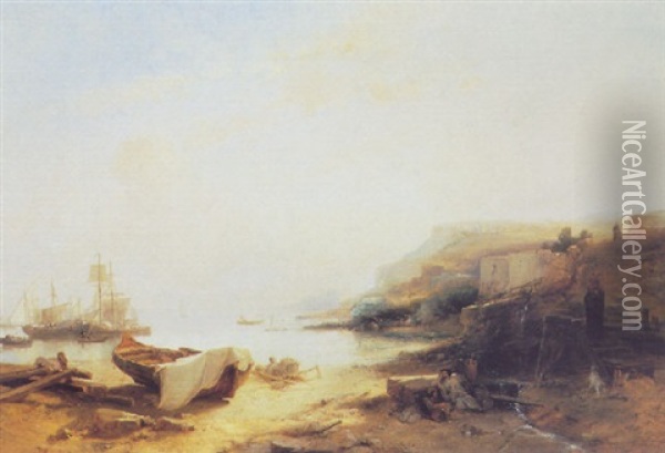 Coastal Scene With Sailing Vessels In The Distance Oil Painting - Jacob Jacobs
