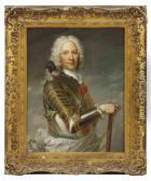Portrait Of A Gentleman, 
Traditionally Identified As George Keith,10th Earl Marischal 
(1692-1778), Half-length, In Armour, A Baton Inhis Right Hand Oil Painting - Jean-Marc Nattier