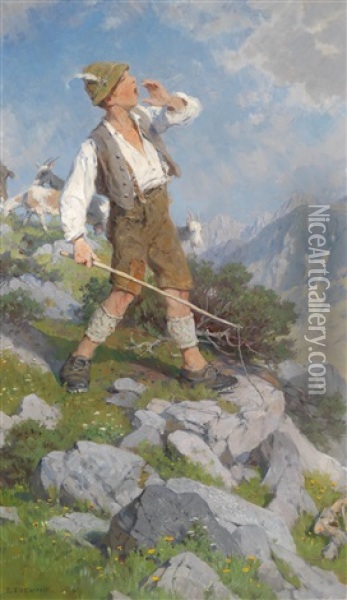 Ziegenhirte Auf Der Alm Oil Painting - Fritz Freund