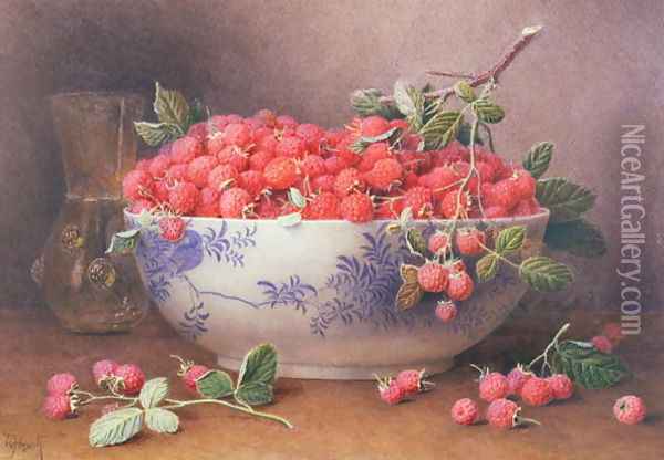 Still Life of Raspberries in a Blue and White Bowl Oil Painting - William B. Hough