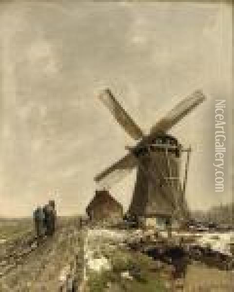 Windmill In A Snowy Landscape Oil Painting - Louis Apol