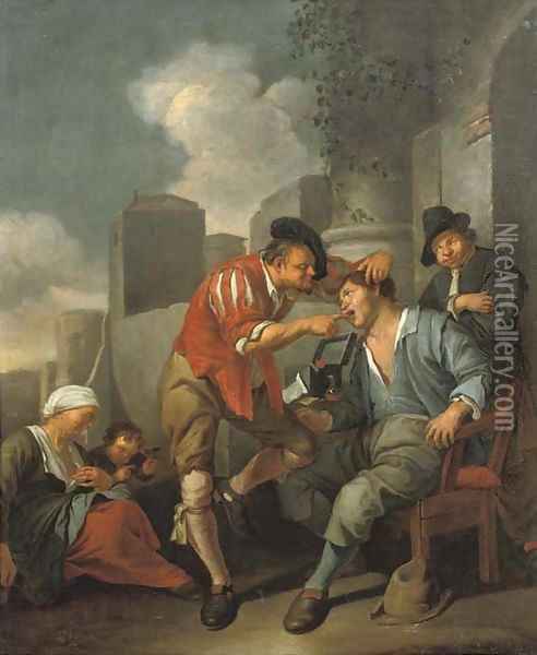 A dentist at work outside an archway Oil Painting - Jacob Toorenvliet