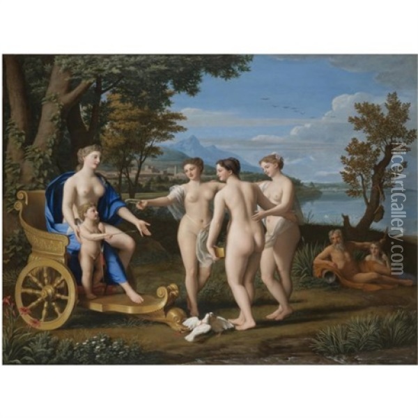 A Classical Landscape With Venus And Cupid Accompanied By The Three Graces Oil Painting - Nicolas Colombel