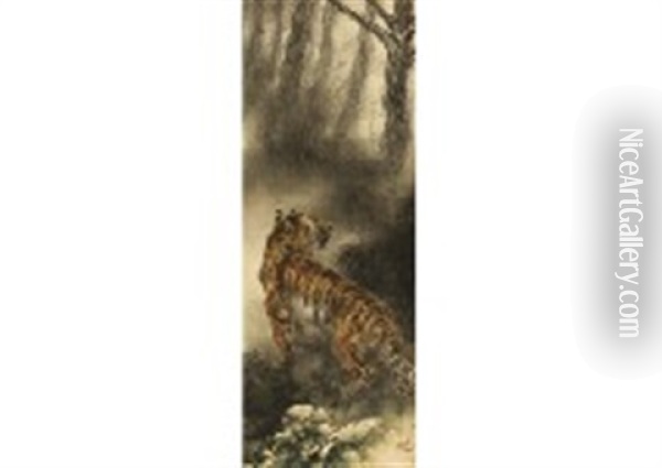 Tiger At Cold Night Oil Painting - Suiseki Ohashi