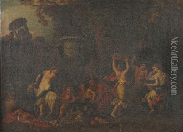 A Bacchanal, Revellers With Satyrs And Goat In A Landscape Beneath A Classical Urn Oil Painting - Filippo Lauri