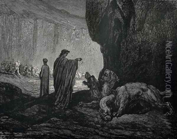 The Inferno, Canto 6, lines 24-26: Then my guide, his palms Expanding on the ground, thence filled with earth Rais'd them, and cast it in his ravenous maw. Oil Painting - Gustave Dore
