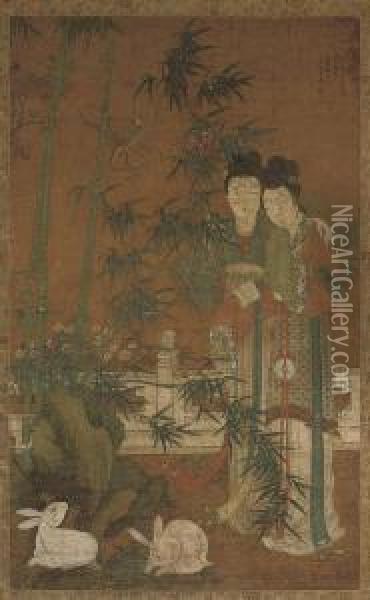 Two Exotic Birds Amongst Bamboo And Flowers To One Side Of The Terrace Oil Painting - Fang Zhou