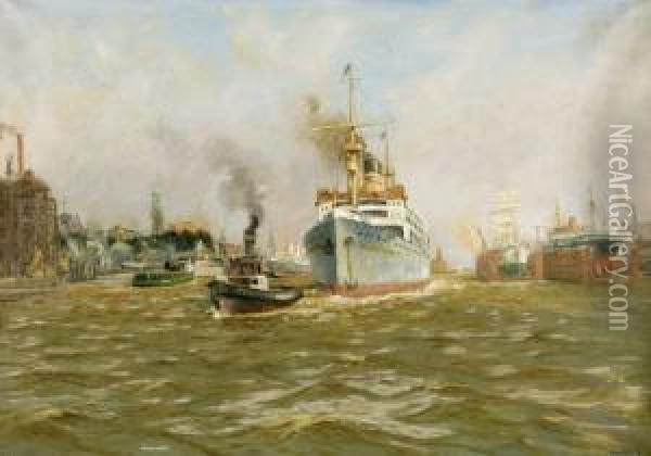 Derdampfer Adolph Woermann Verlast Den Hamburger Hafen Oil Painting - Hans Bohrdt