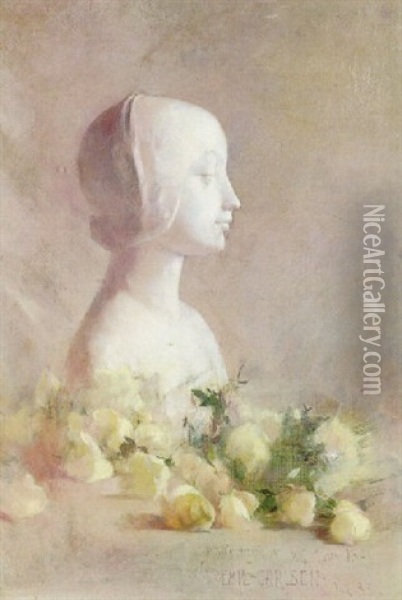Still Life With Bust And White Roses Oil Painting - Emil Carlsen