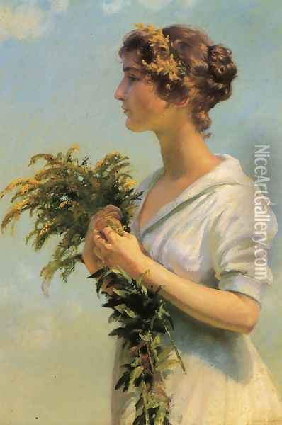 Girl with Goldenrod Oil Painting - Charles Curran