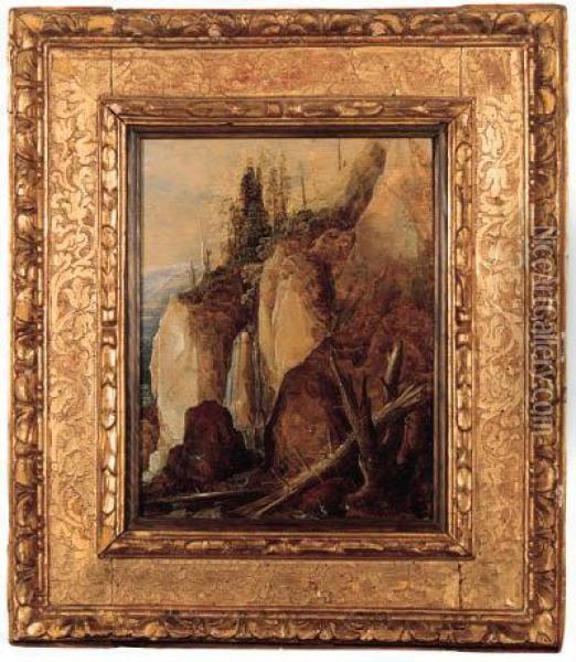A Fallen Tree By A Waterfall In A Mountainous Landscape, A Valleybeyond - A Fragment Oil Painting - Joos De Momper