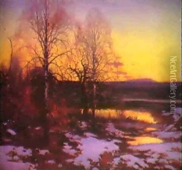 Winter Landscape At Sunset Oil Painting - Carl Brandt