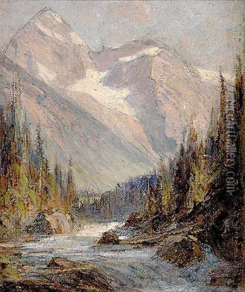 Pair Works Snow Capped Mountains Above River Oil Painting - Franz Biberstein