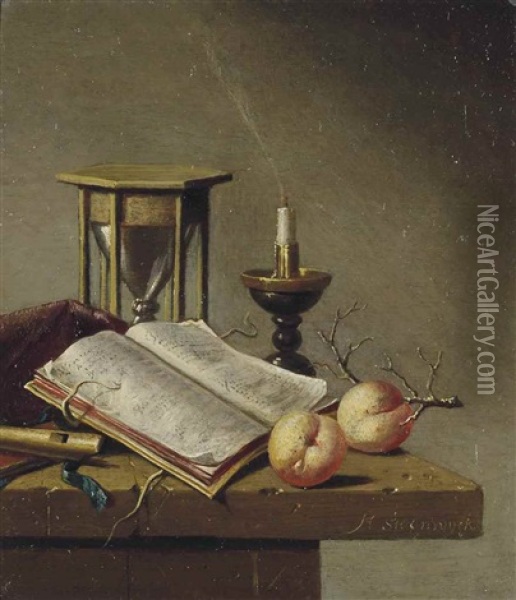 An Hourglass, Flute, Open Book, Candle And Peaches On A Wooden Ledge Oil Painting - Harmen Steenwyck
