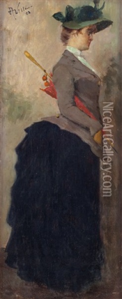 Ritratto Di Signora Con Ombrellino Rosso Oil Painting - Aleardo Villa