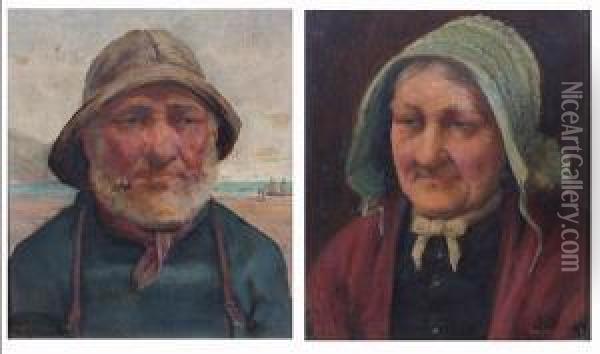 An Old Salt; Old Fisherwoman Oil Painting - David W. Haddon