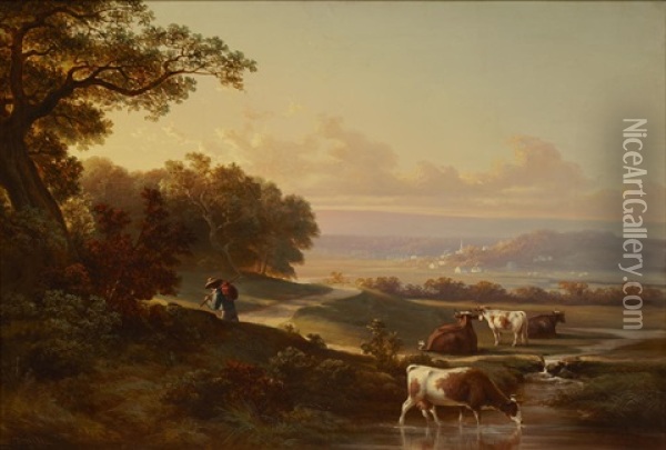Sunset Pastoral Oil Painting - Thomas Hill
