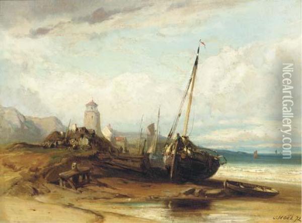 At Anchor In An Offshore Swell; And On The Beach At Low Tide Oil Painting - Jules Achille-Noel