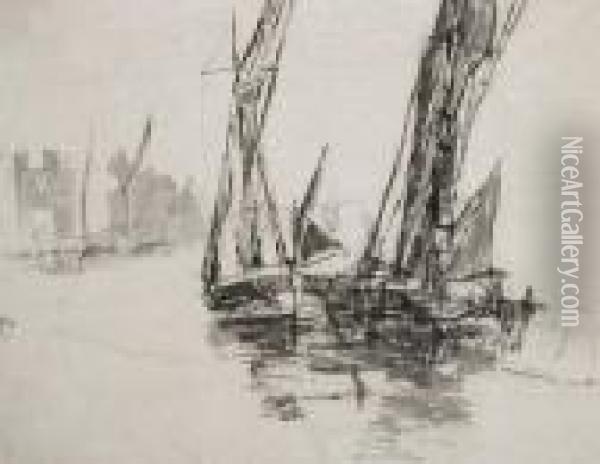 Study For Thames Barges - Lindsey Wharf Oil Painting - Walter Greaves