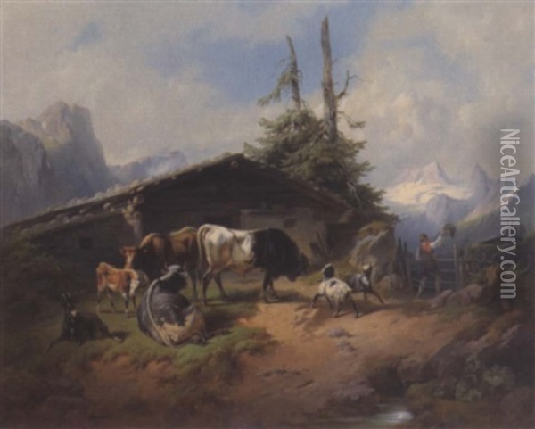 Kuhe Und Ziegen Auf Der Alm (blick Auf Pas Gschutt?) Oil Painting - August Gerasch