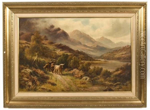Cattle In A Highland Landscape Oil Painting - William Langley