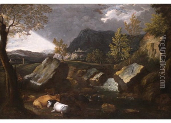 Landschaft Mit Wasserfall, Tieren Und Burgberg In Gewitterstimmung Oil Painting - Jan Frans van Bloemen
