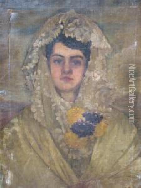 Portrait Of A Lady Quarter-length In A Mantilla Oil Painting - Ignacio Zuloaga Y Zabaleta
