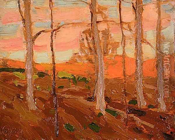 Trees, Red Hill, and Sunset Sky Oil Painting - Tom Thomson