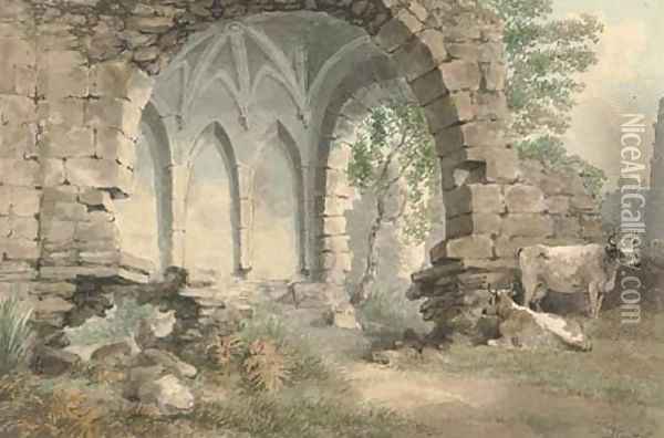 Cattle grazing by Easby Abbey, Yorkshire Oil Painting - Samuel Howitt