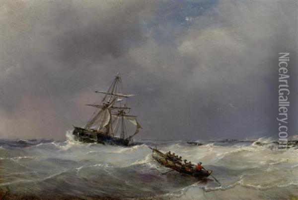 Marine With Dutch Sailing Ship And Life Boat Oil Painting - Eugene Isabey